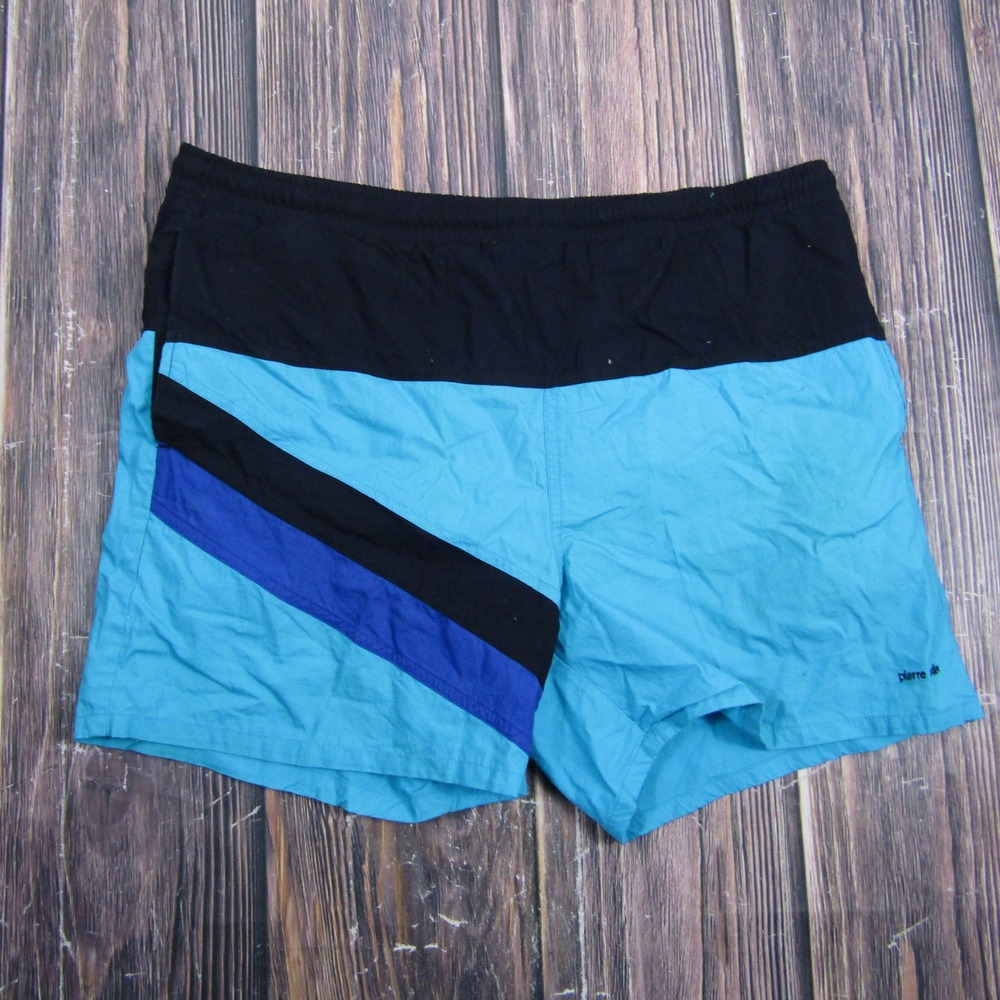 Pierre Cardin Swim Trunks Mens M Blue Black Colorblock Mesh Lined Cotton Shorts